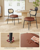 Set of 2 BOHO Dining Chairs, Rattan Back, Faux Leather Cushion, Swivel Feet