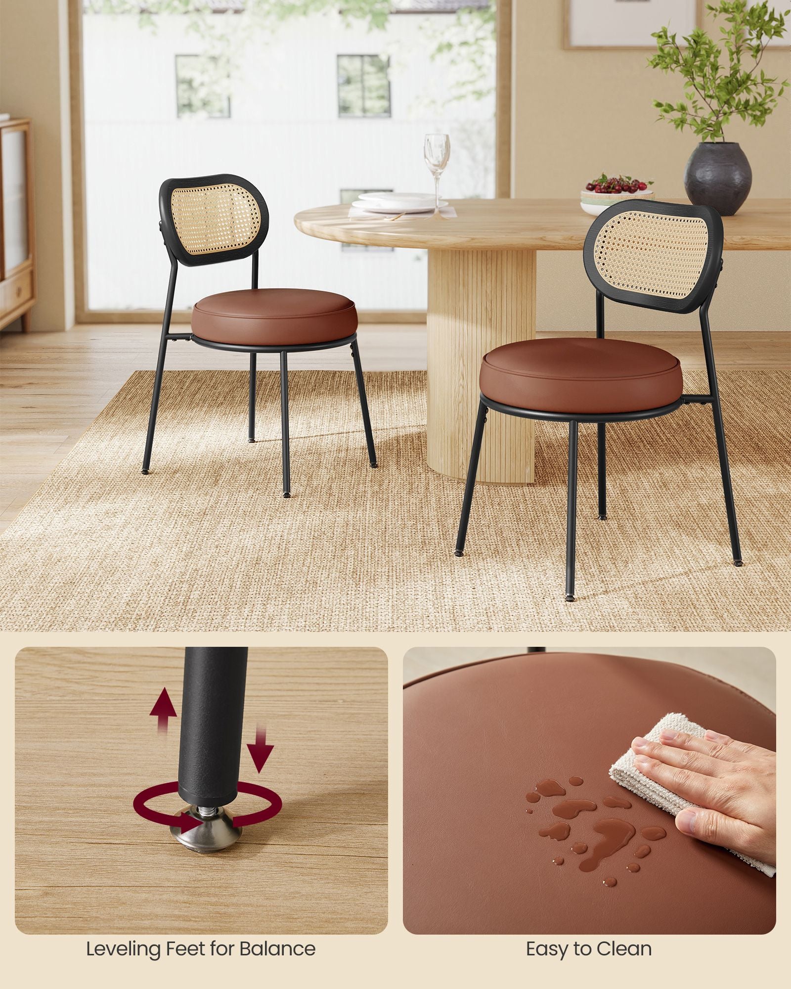 Set of 2 BOHO Dining Chairs, Rattan Back, Faux Leather Cushion, Swivel Feet