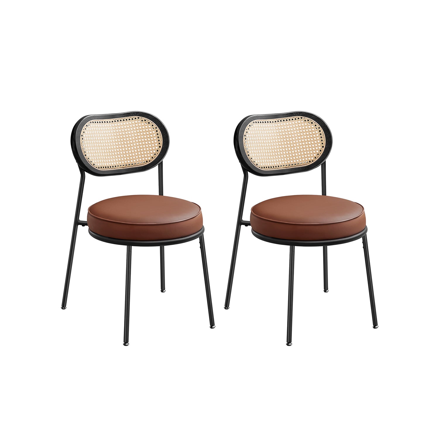 Set of 2 BOHO Dining Chairs, Rattan Back, Faux Leather Cushion, Swivel Feet