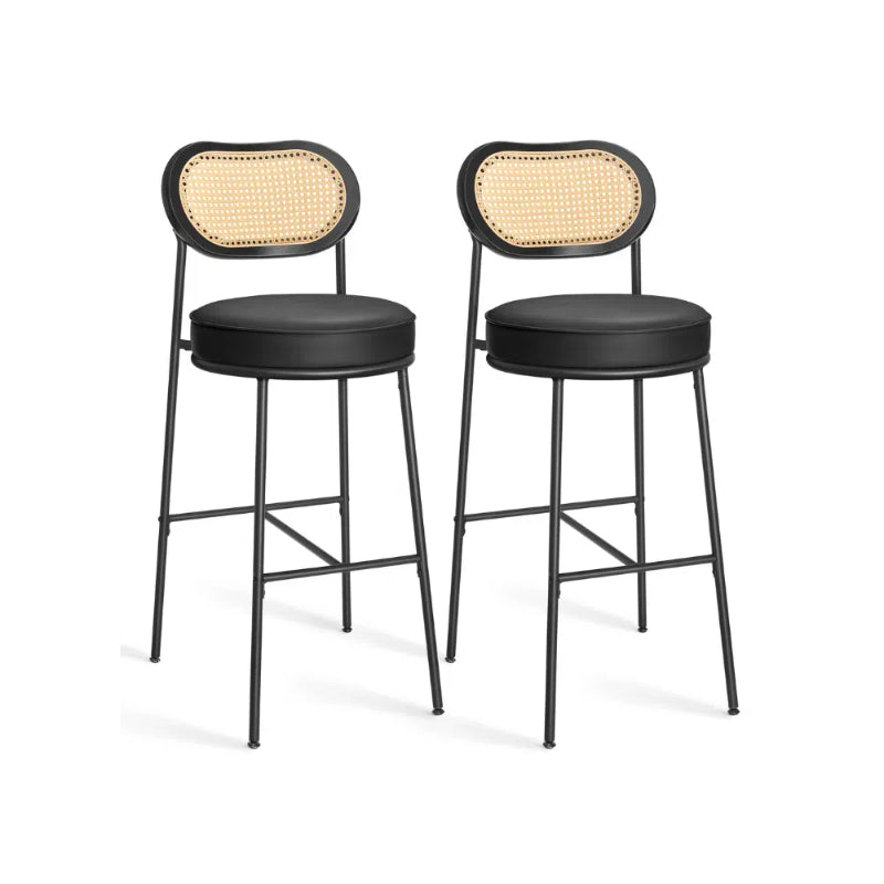 Set of 2 BOHO Rattan Bar Stools with Cushioned Seat - PE Rattan Back