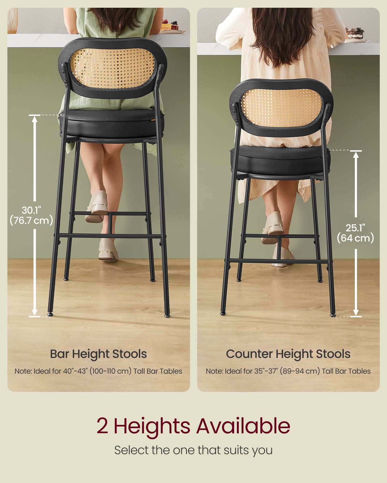 Set of 2 BOHO Rattan Bar Stools with Cushioned Seat - PE Rattan Back