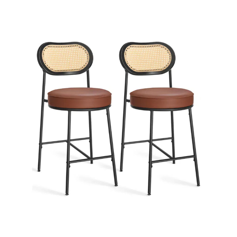 Set of 2 BOHO Rattan Bar Stools with Cushioned Seat - PE Rattan Back
