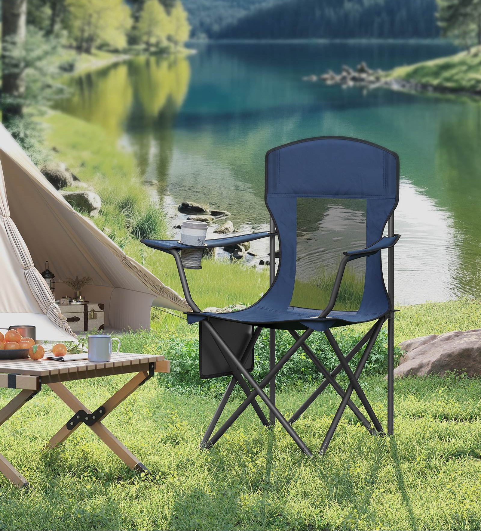 Set of 2 Camping Chairs, Foldable, High Back, Mesh Back, Cup Holder, Portable