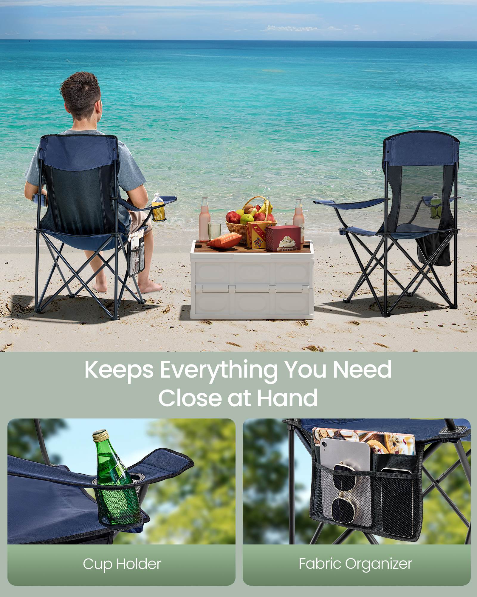 Set of 2 Camping Chairs, Foldable, High Back, Mesh Back, Cup Holder, Portable