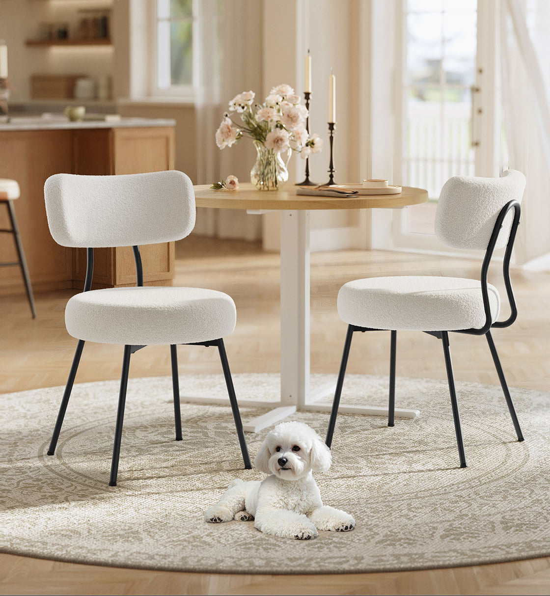 Set of 2 Dining Chairs, Teddy Fleece, Thick Cushion, Steel Frame, Adjustable Feet