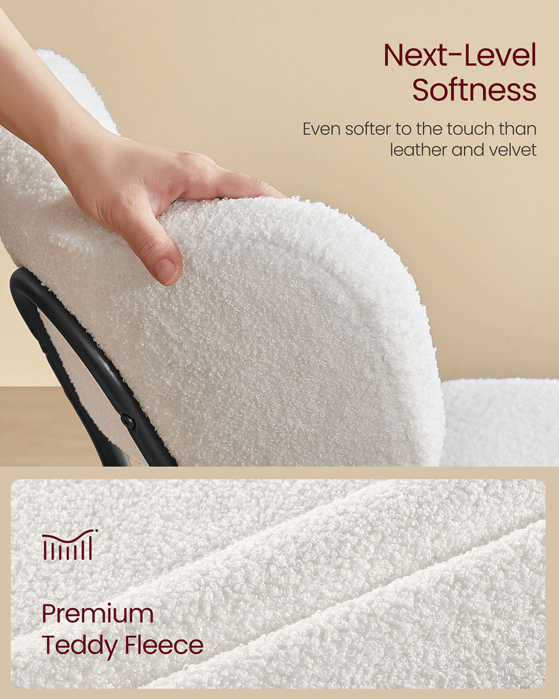 Set of 2 Dining Chairs, Teddy Fleece, Thick Cushion, Steel Frame, Adjustable Feet