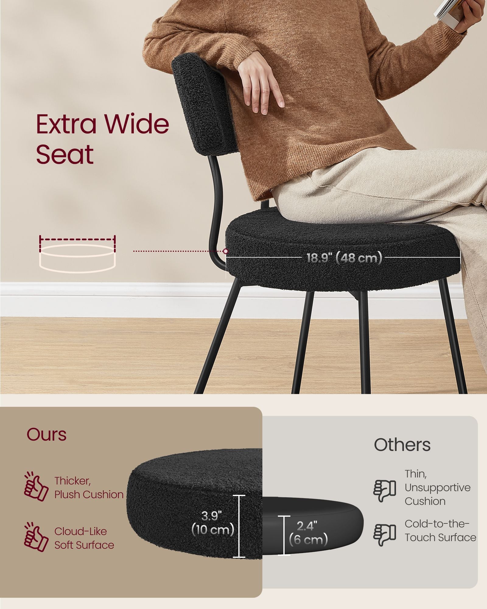 Set of 2 Dining Chairs, Teddy Fleece, Thick Cushion, Steel Frame, Adjustable Feet