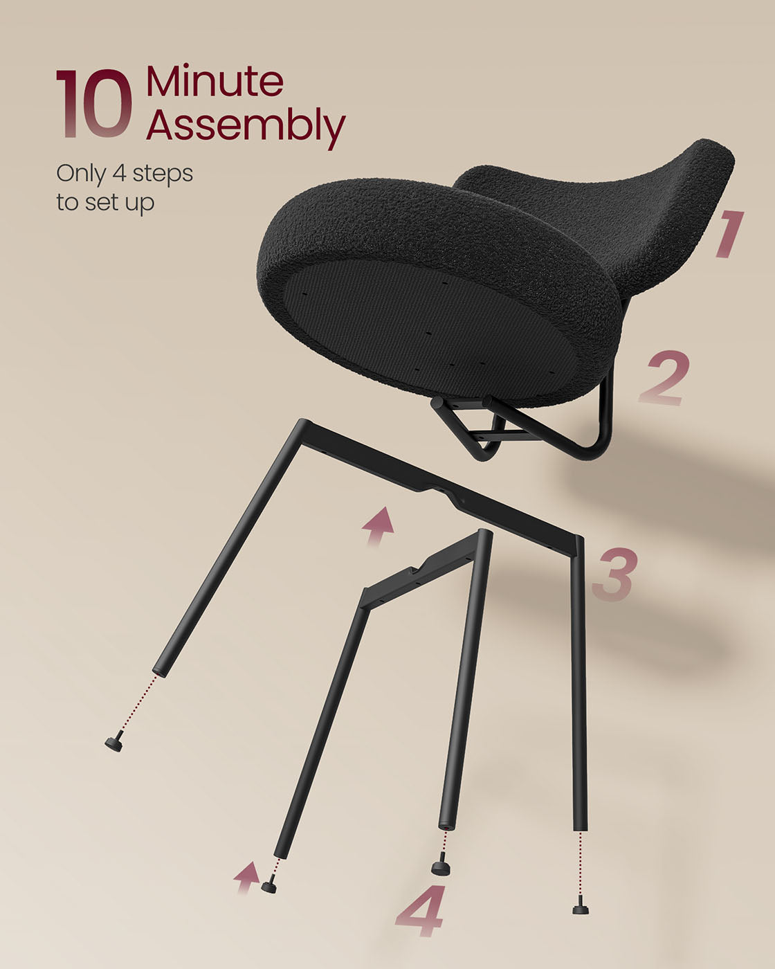 Set of 2 Dining Chairs, Teddy Fleece, Thick Cushion, Steel Frame, Adjustable Feet