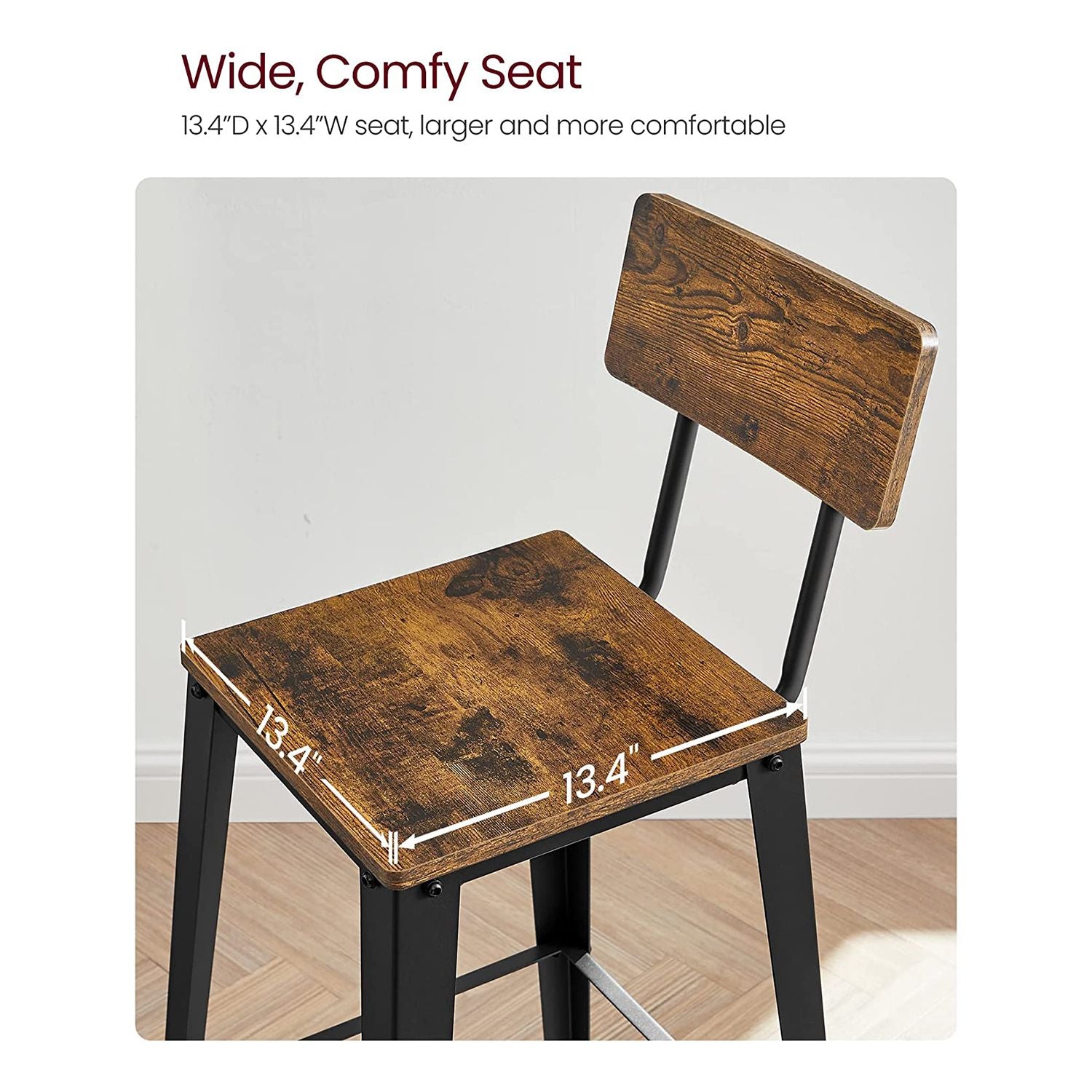 Set of 2 industrial bar stools - rustic brown with backrest and footrest - 29.1" seat height