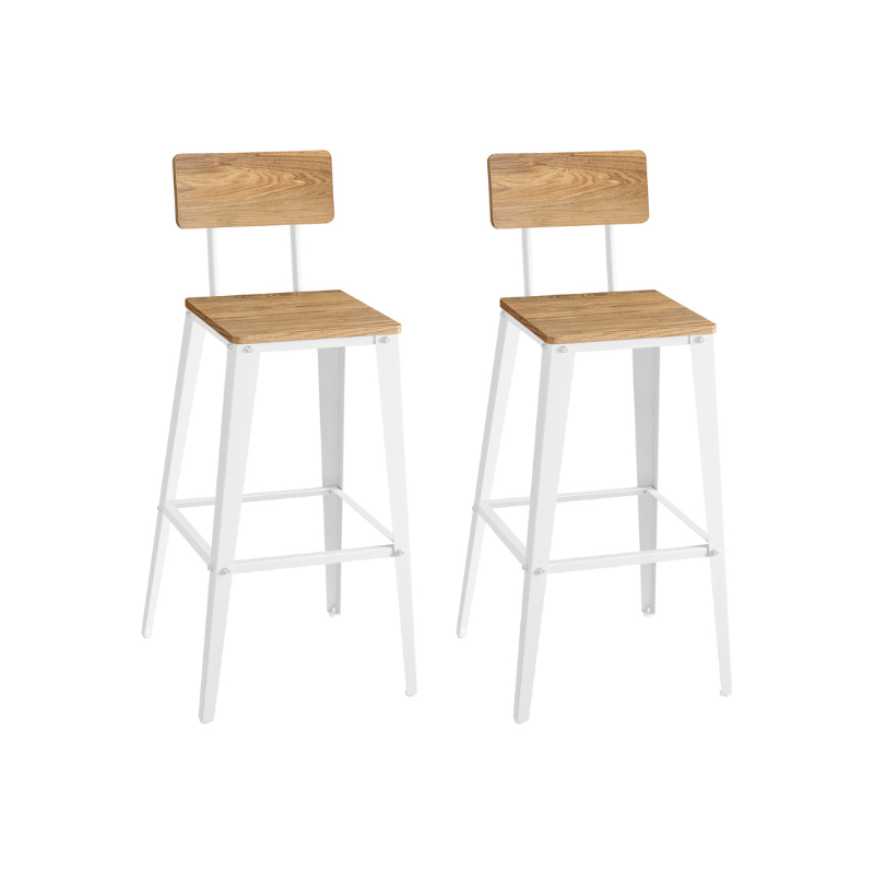Set of 2 industrial bar stools - rustic brown with backrest and footrest - 29.1" seat height