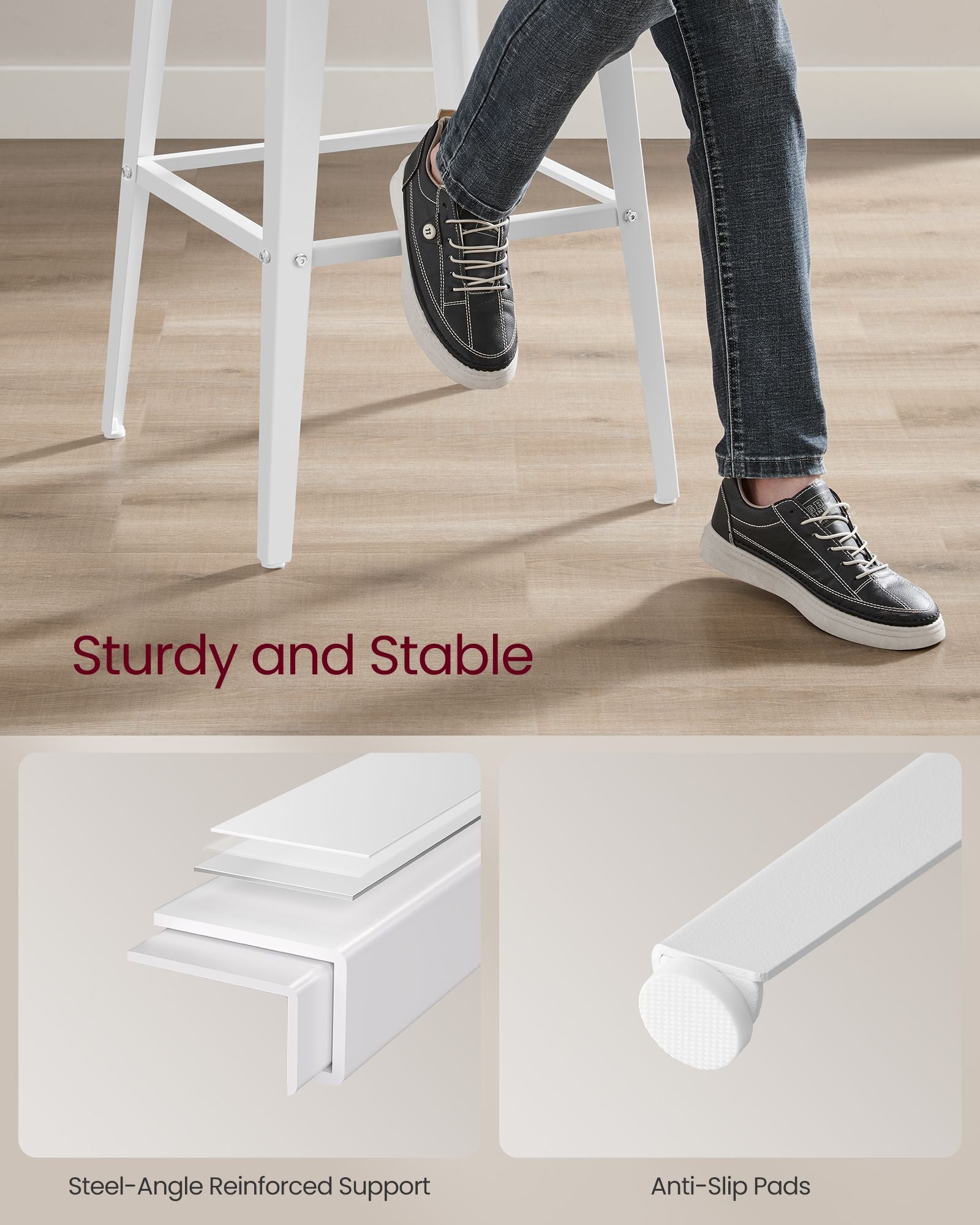 Set of 2 industrial bar stools - rustic brown with backrest and footrest - 29.1" seat height