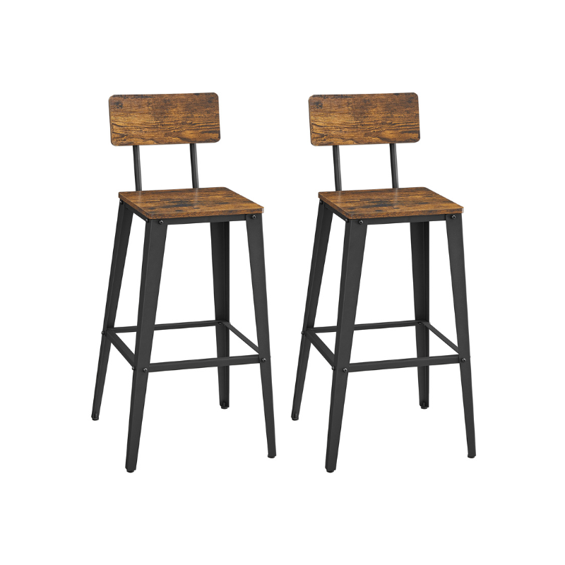 Set of 2 industrial bar stools - rustic brown with backrest and footrest - 29.1" seat height