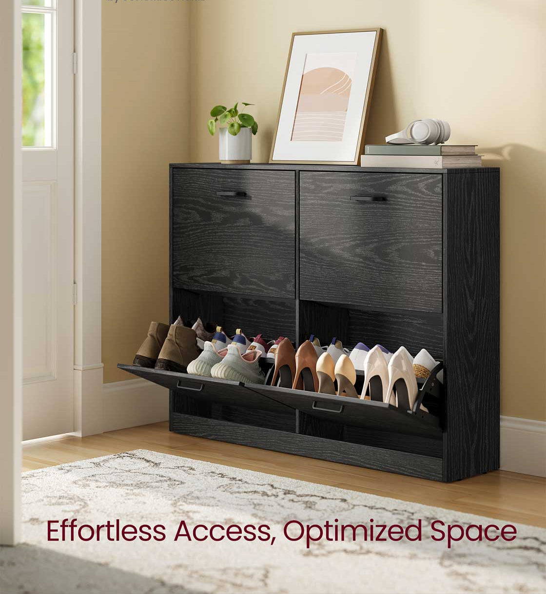 Shoe Cabinet, 4 Flip Drawers, Space-Saving, Holds 16–28 Pairs, Adjustable, Black