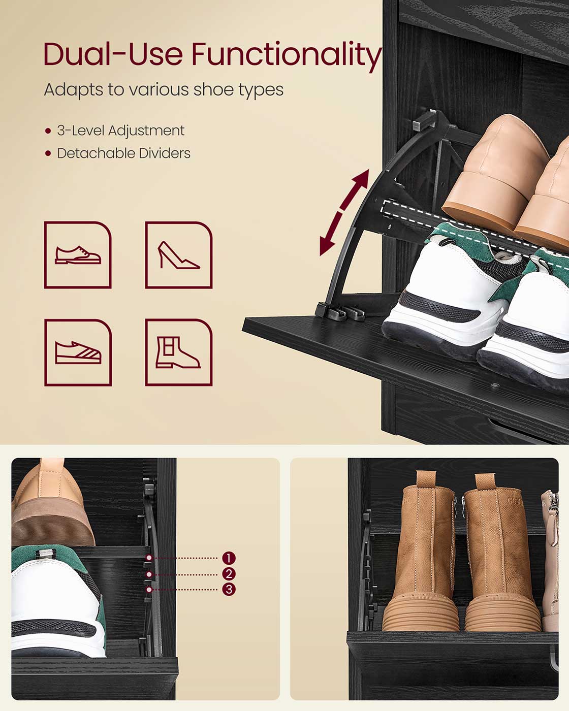 Shoe Cabinet, 4 Flip Drawers, Space-Saving, Holds 16–28 Pairs, Adjustable, Black