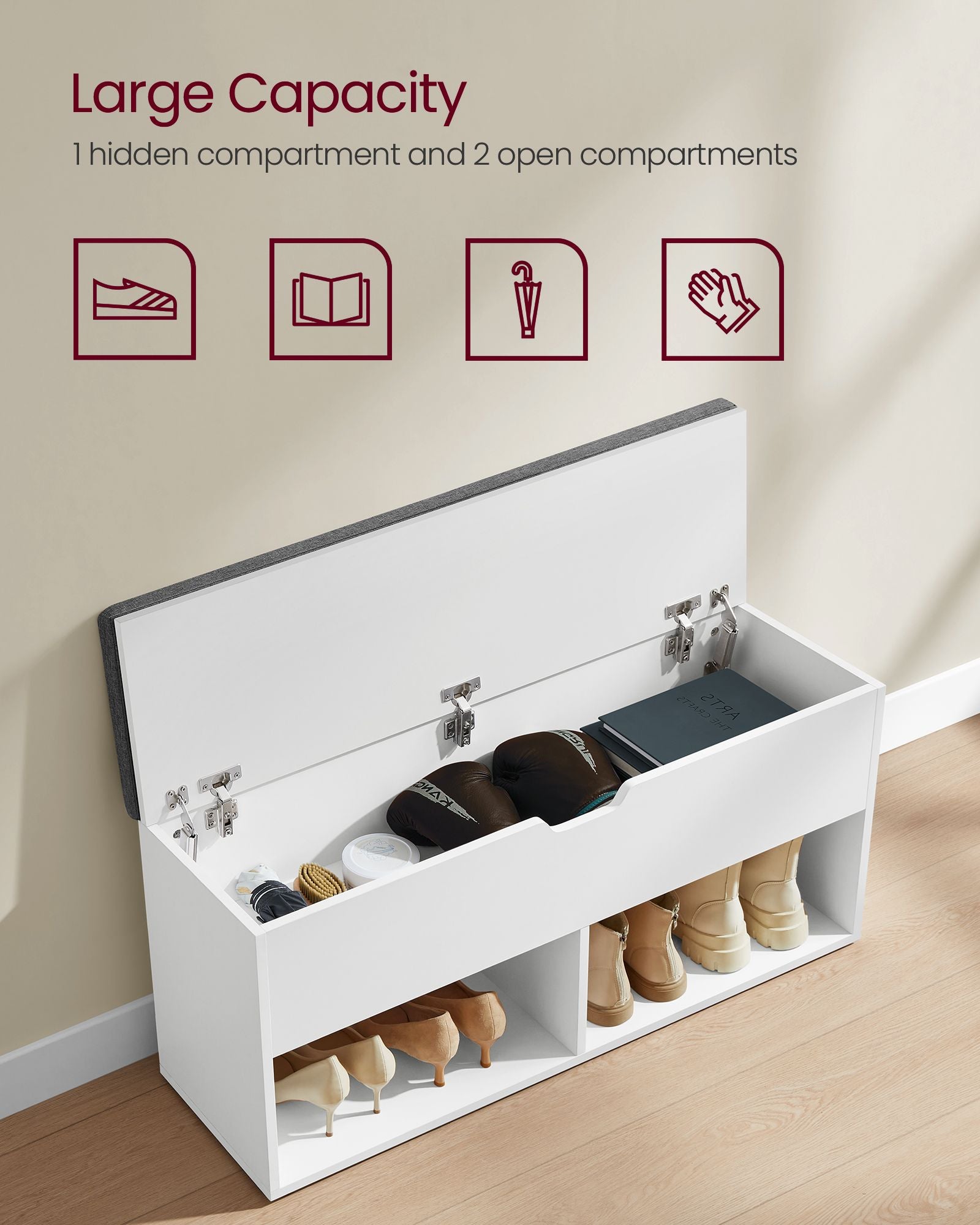 Shoe storage bench – 2 shelves – lift-top compartment – removable cushion