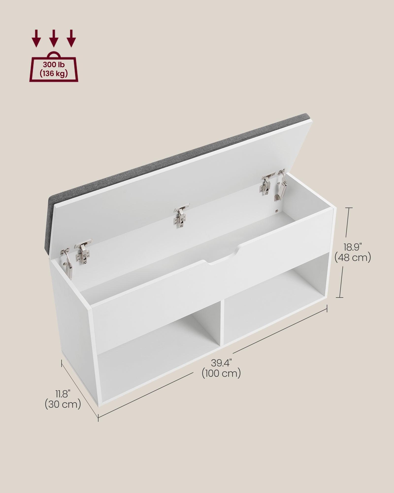 Shoe storage bench – 2 shelves – lift-top compartment – removable cushion