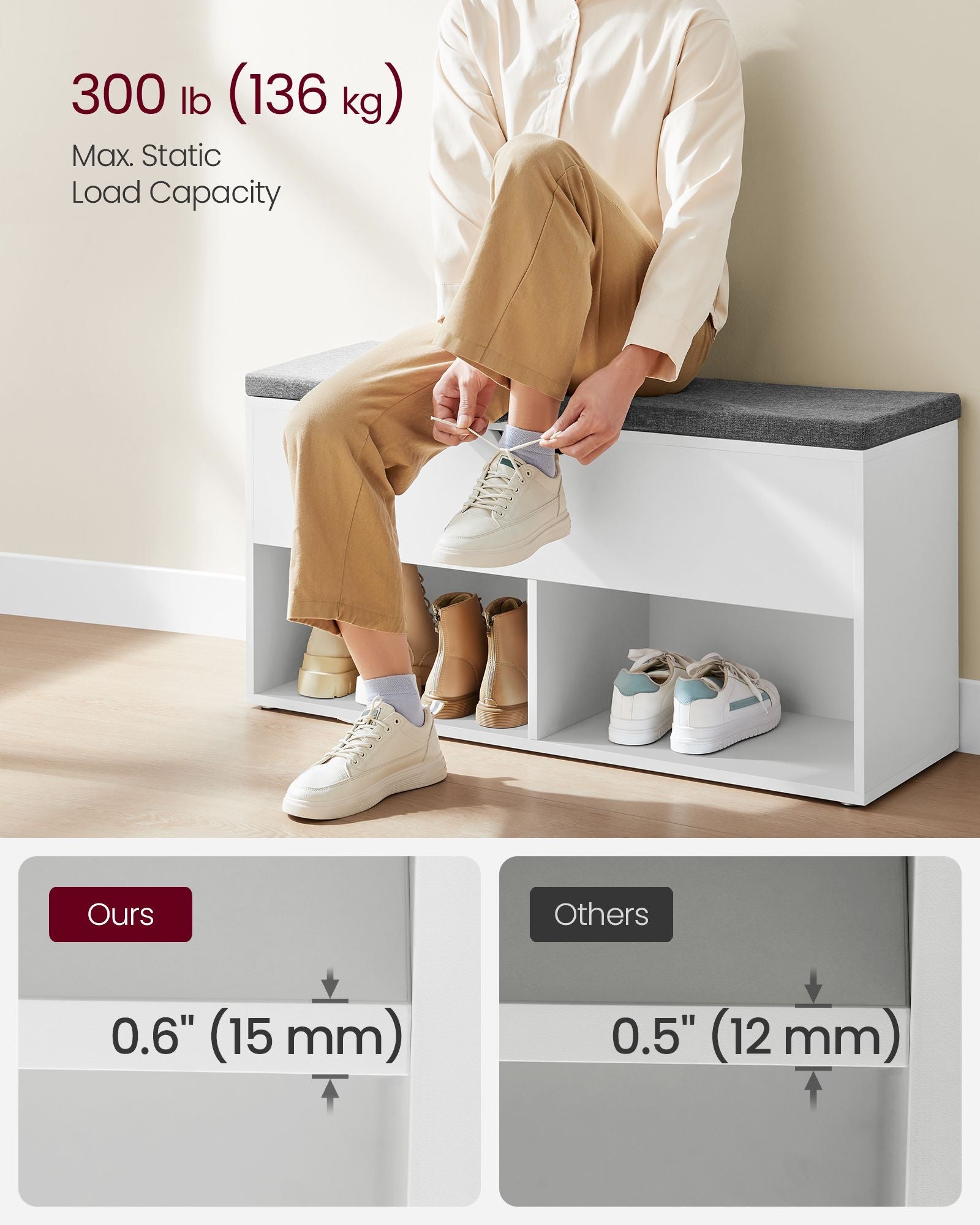 Shoe storage bench – 2 shelves – lift-top compartment – removable cushion