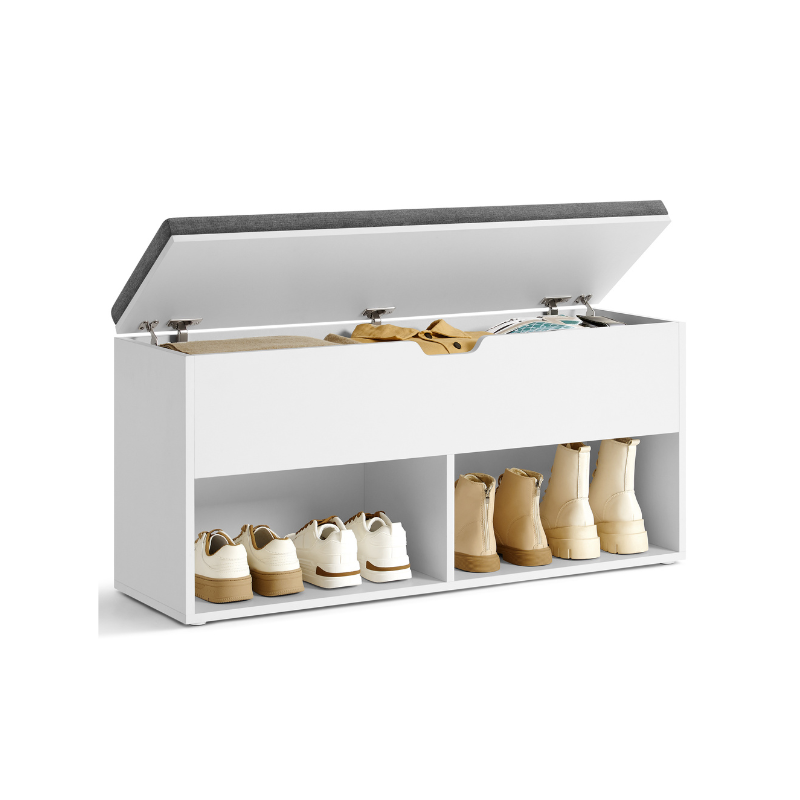 Shoe storage bench – 2 shelves – lift-top compartment – removable cushion