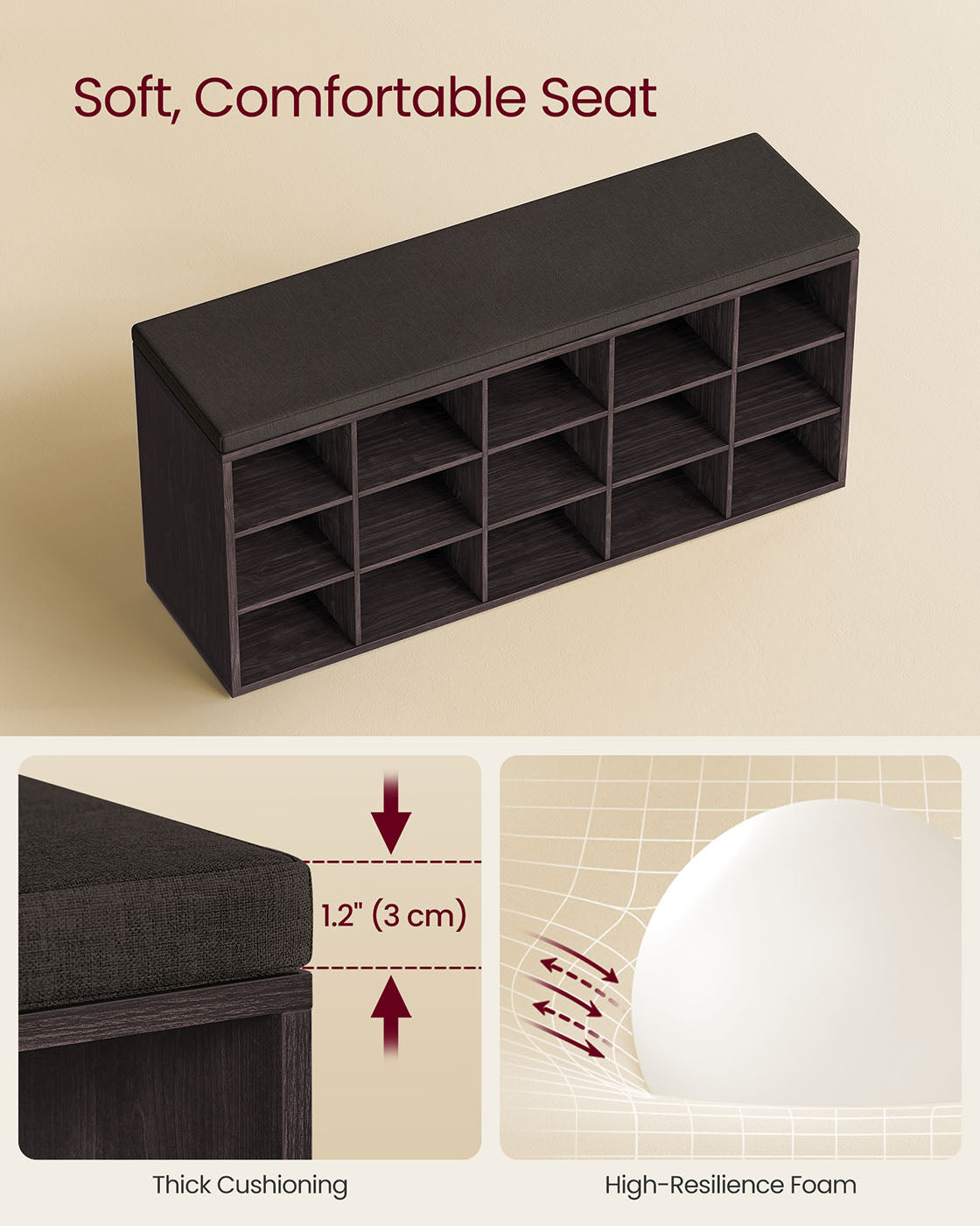 Shoe storage bench with cushion – holds 15 pairs