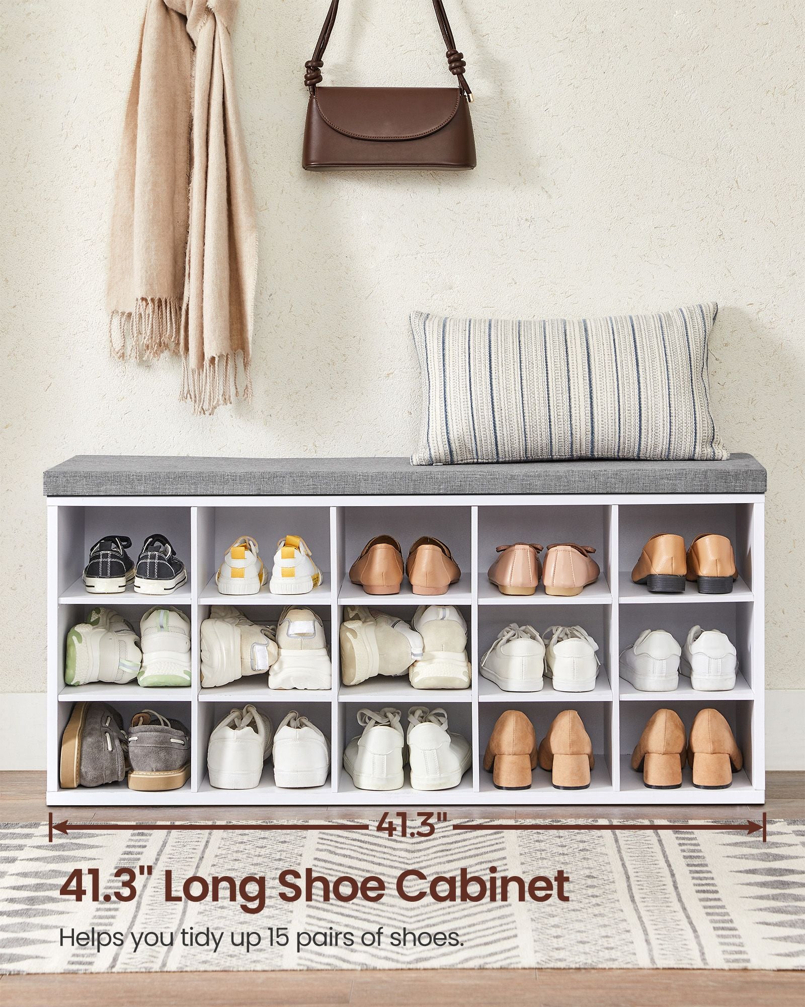 Shoe storage bench with cushion – holds 15 pairs