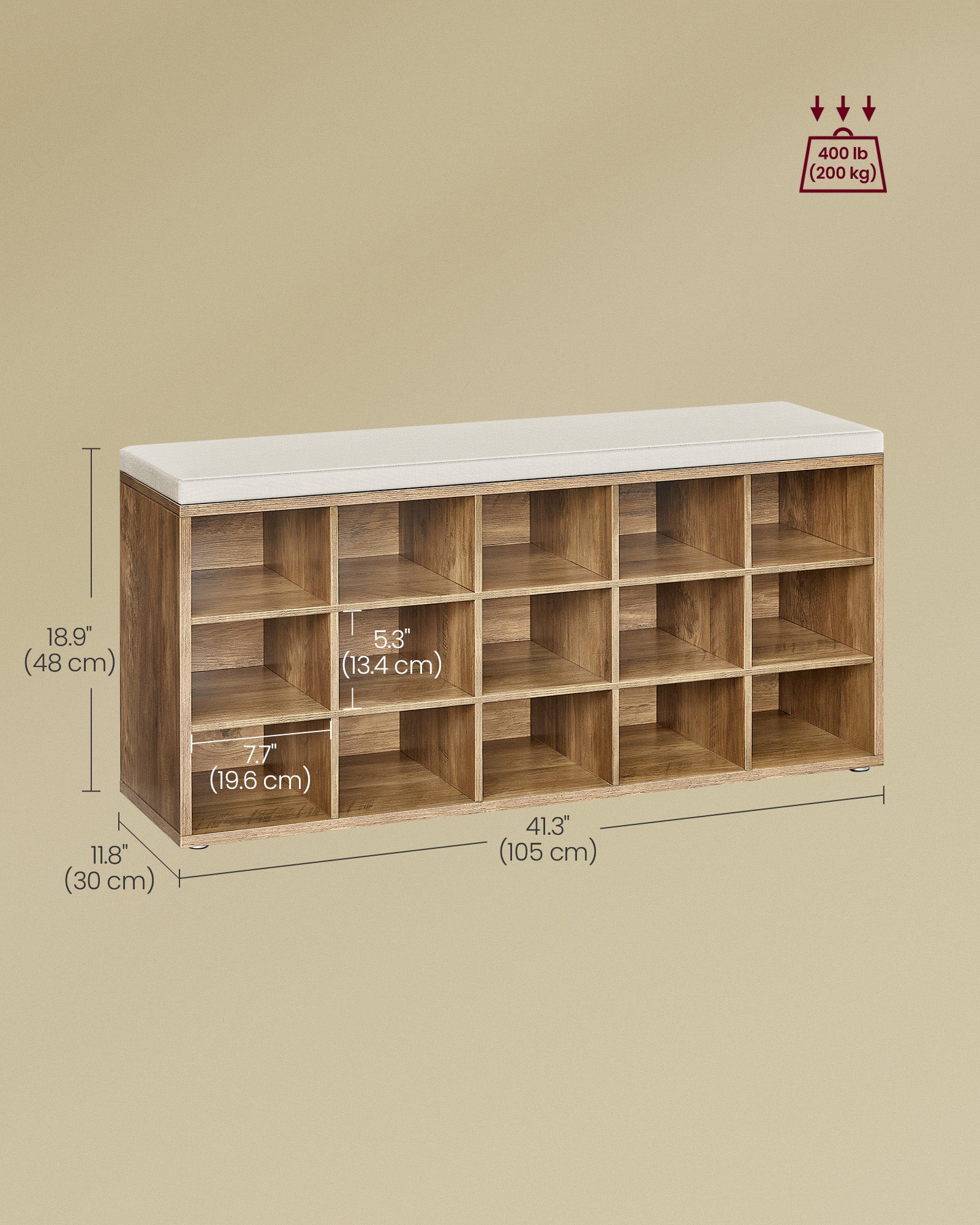 Shoe storage bench with cushion – holds 15 pairs