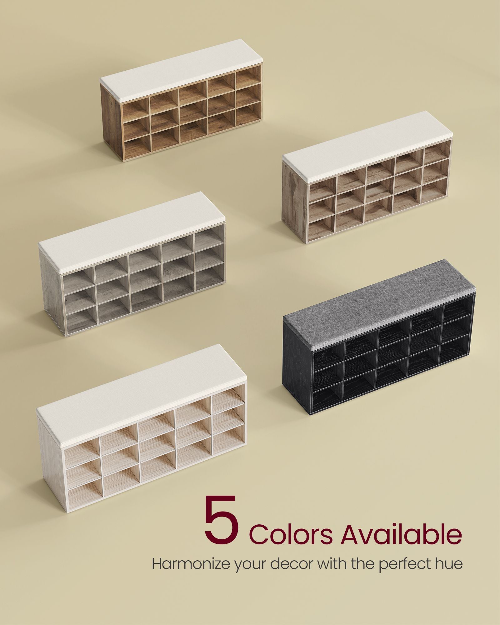 Shoe storage bench with cushion – holds 15 pairs