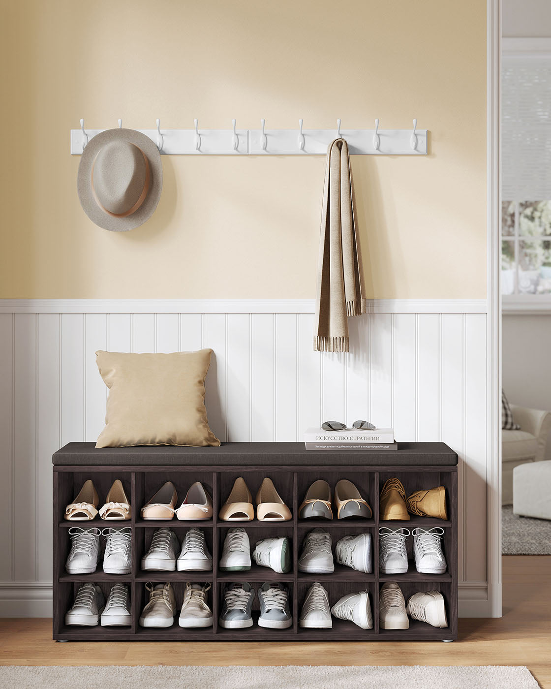 Shoe storage bench with cushion – holds 15 pairs