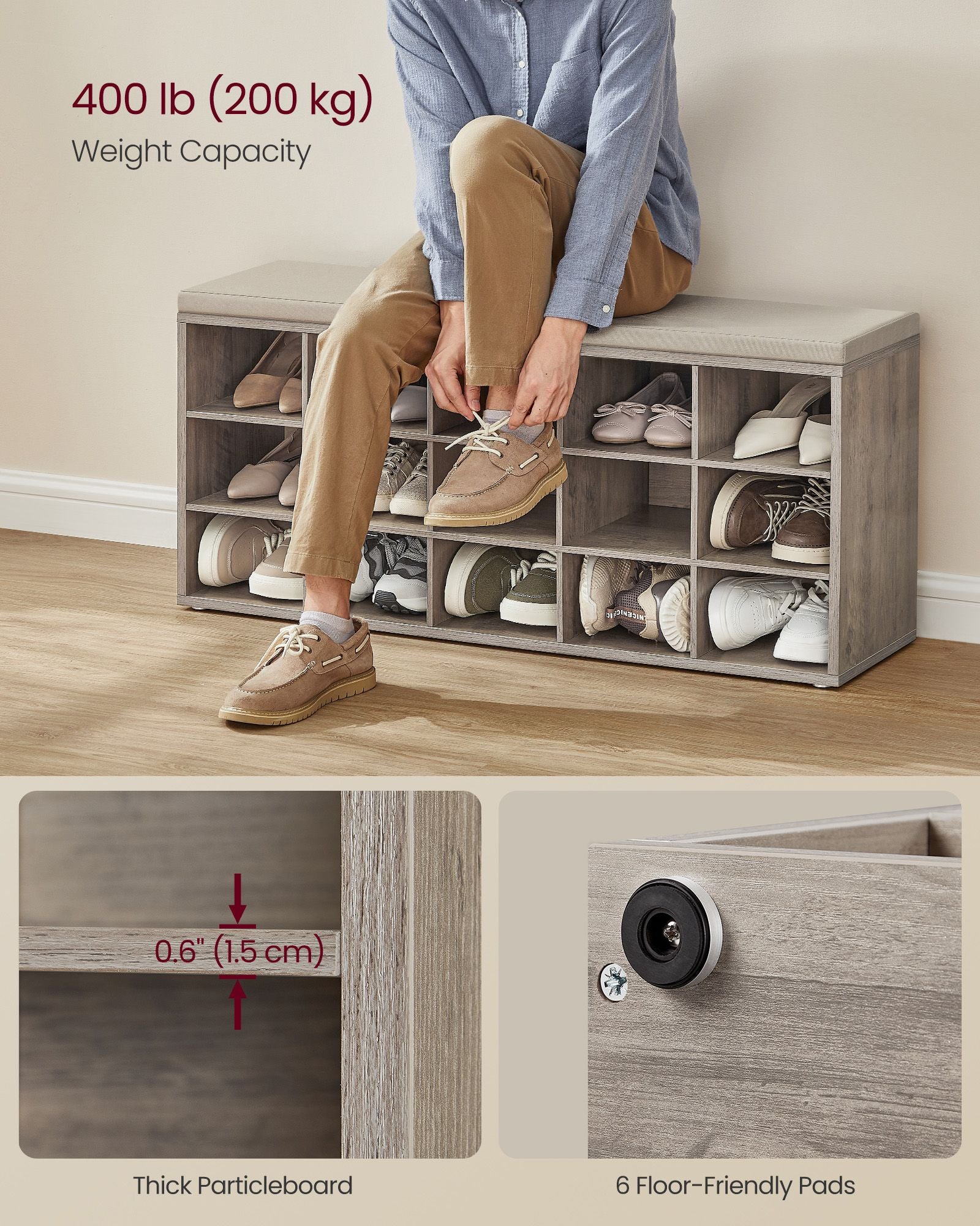 Shoe storage bench with cushion – holds 15 pairs