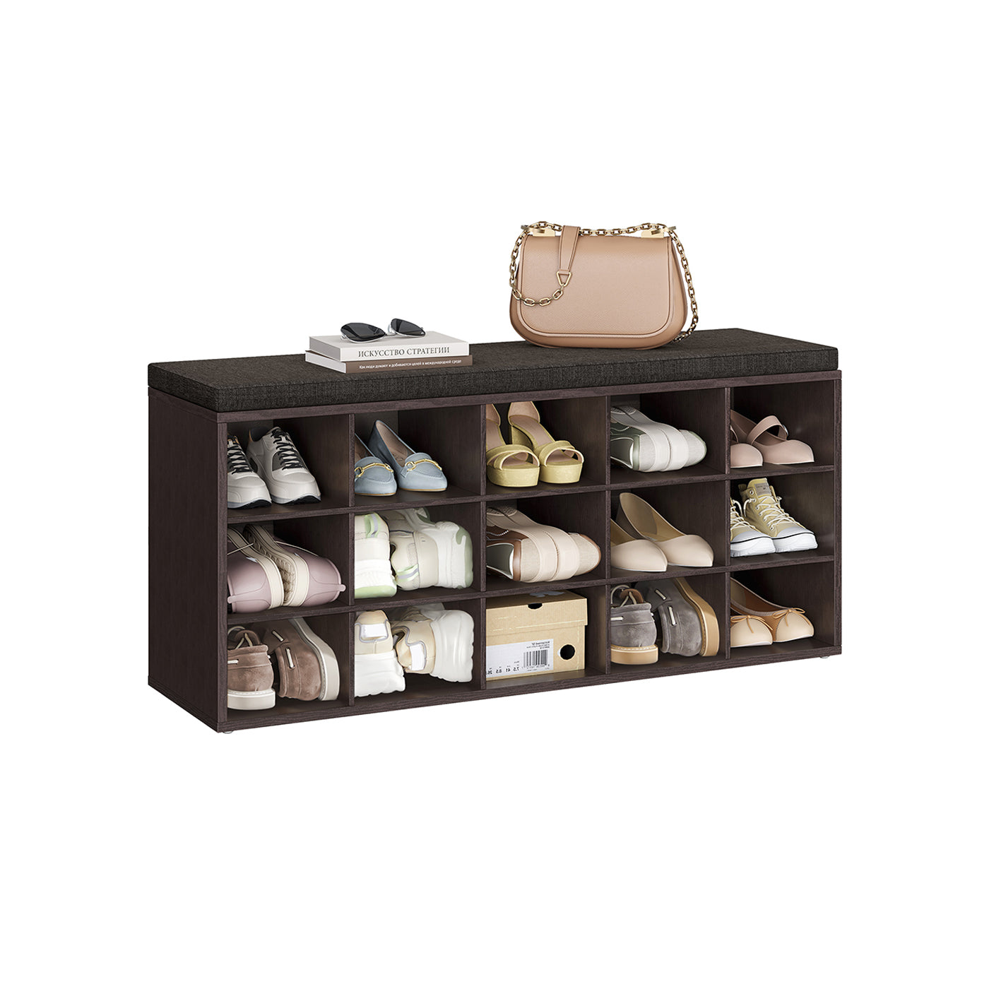 Shoe storage bench with cushion – holds 15 pairs