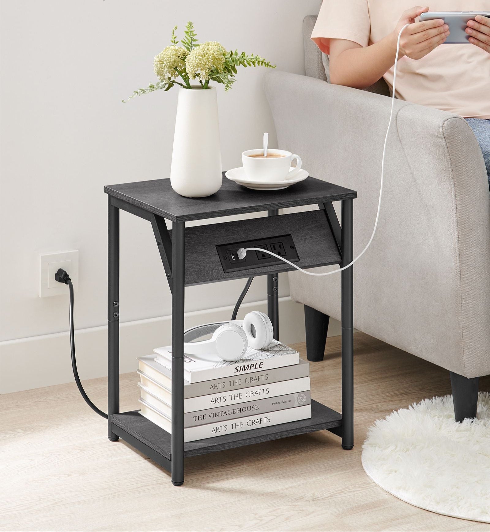 Side table with charging station - narrow end tables with outlets & usb ports - 18.9" tall