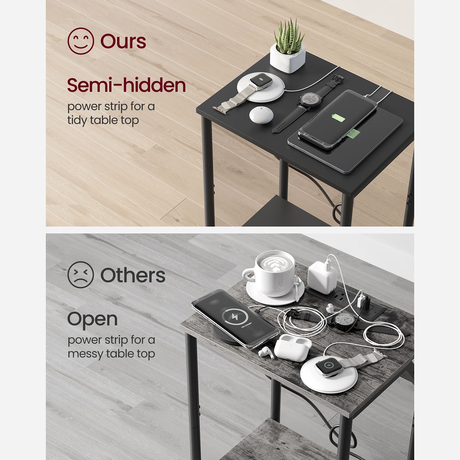 Side table with charging station - narrow end tables with outlets & usb ports - 18.9" tall