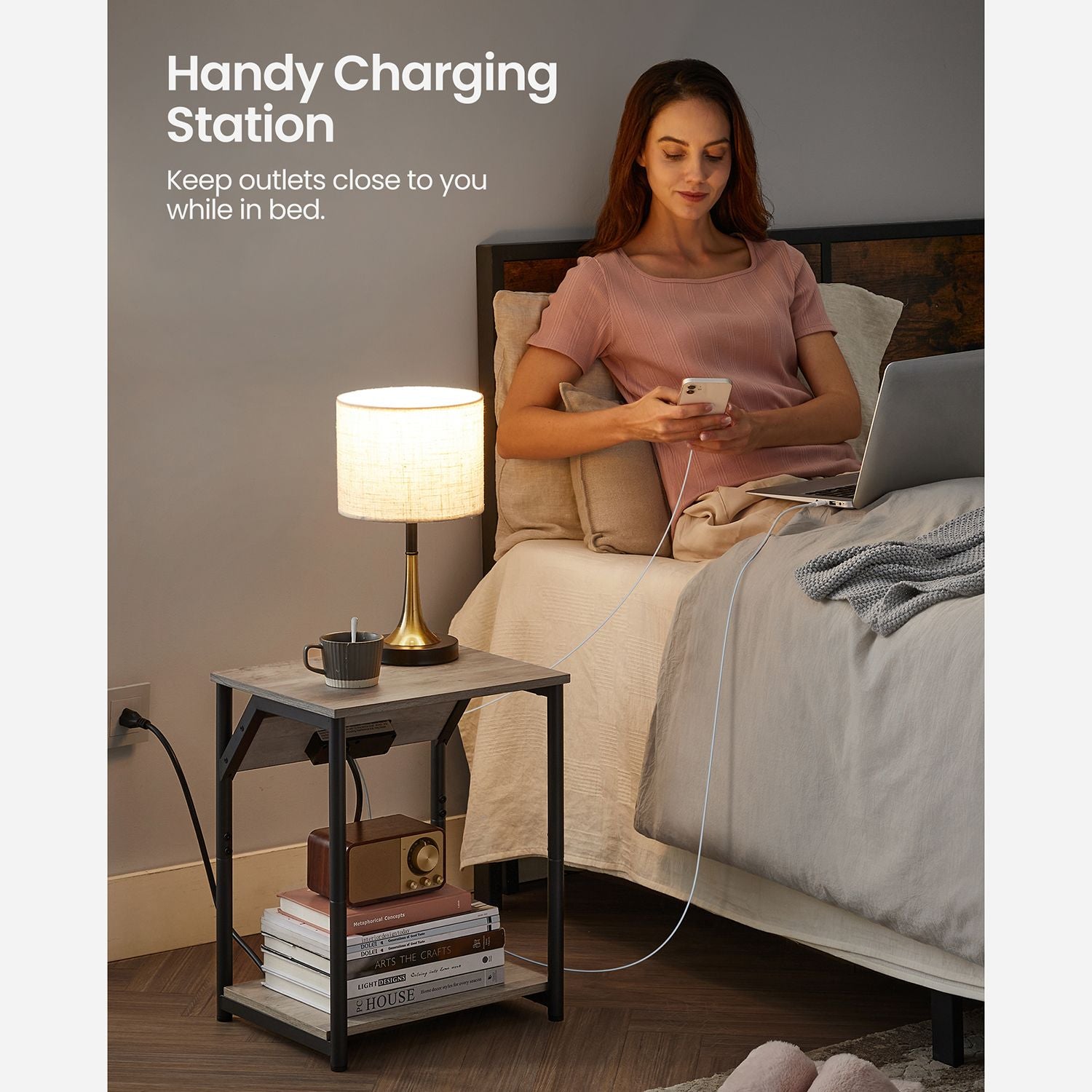 Side table with charging station - narrow end tables with outlets & usb ports - 18.9" tall