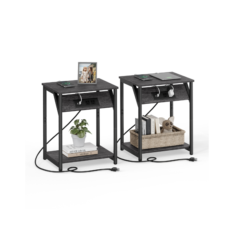 Side table with charging station - narrow end tables with outlets & usb ports - 18.9" tall