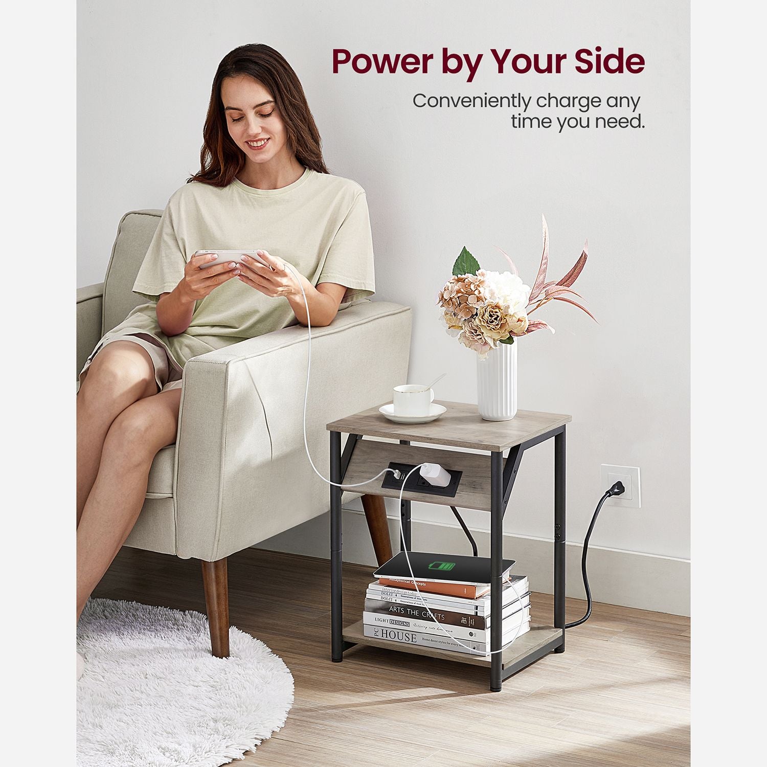 Side table with charging station - narrow end tables with outlets & usb ports - 18.9" tall