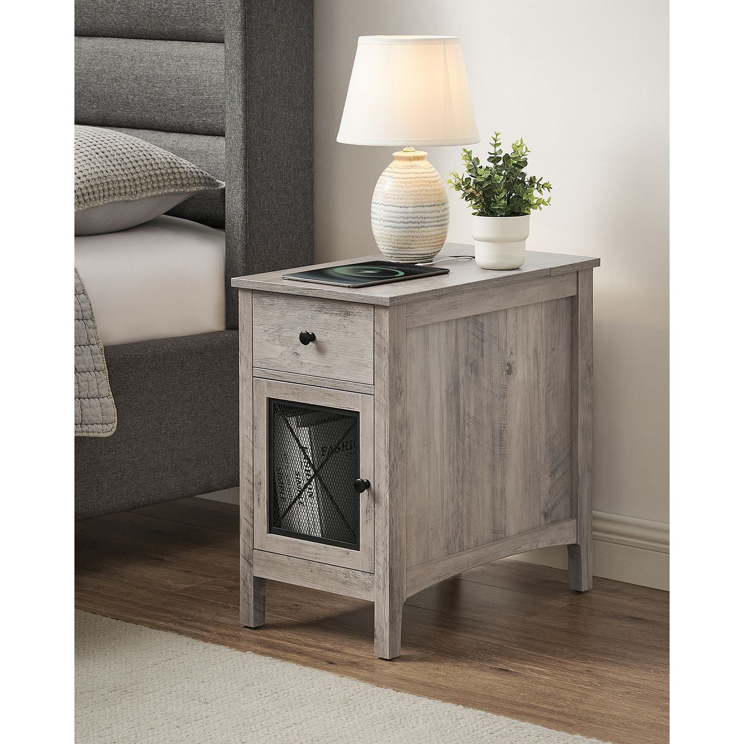 Side table with charging station – usb ports, flip-up cord storage, drawer & cabinet