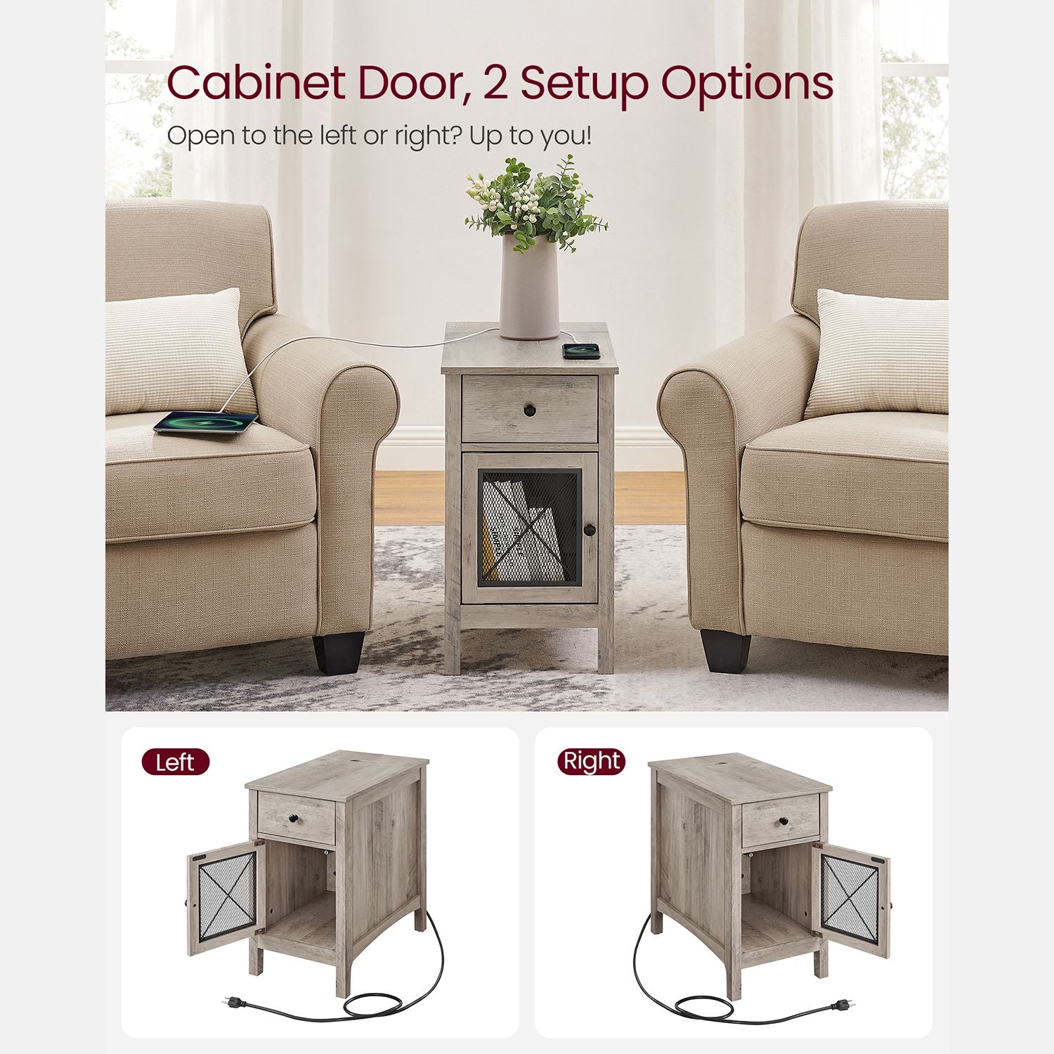 Side table with charging station – usb ports, flip-up cord storage, drawer & cabinet