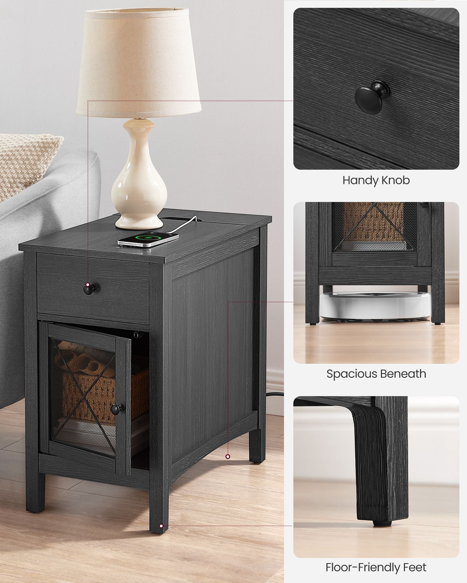 Side table with charging station – usb ports, flip-up cord storage, drawer & cabinet
