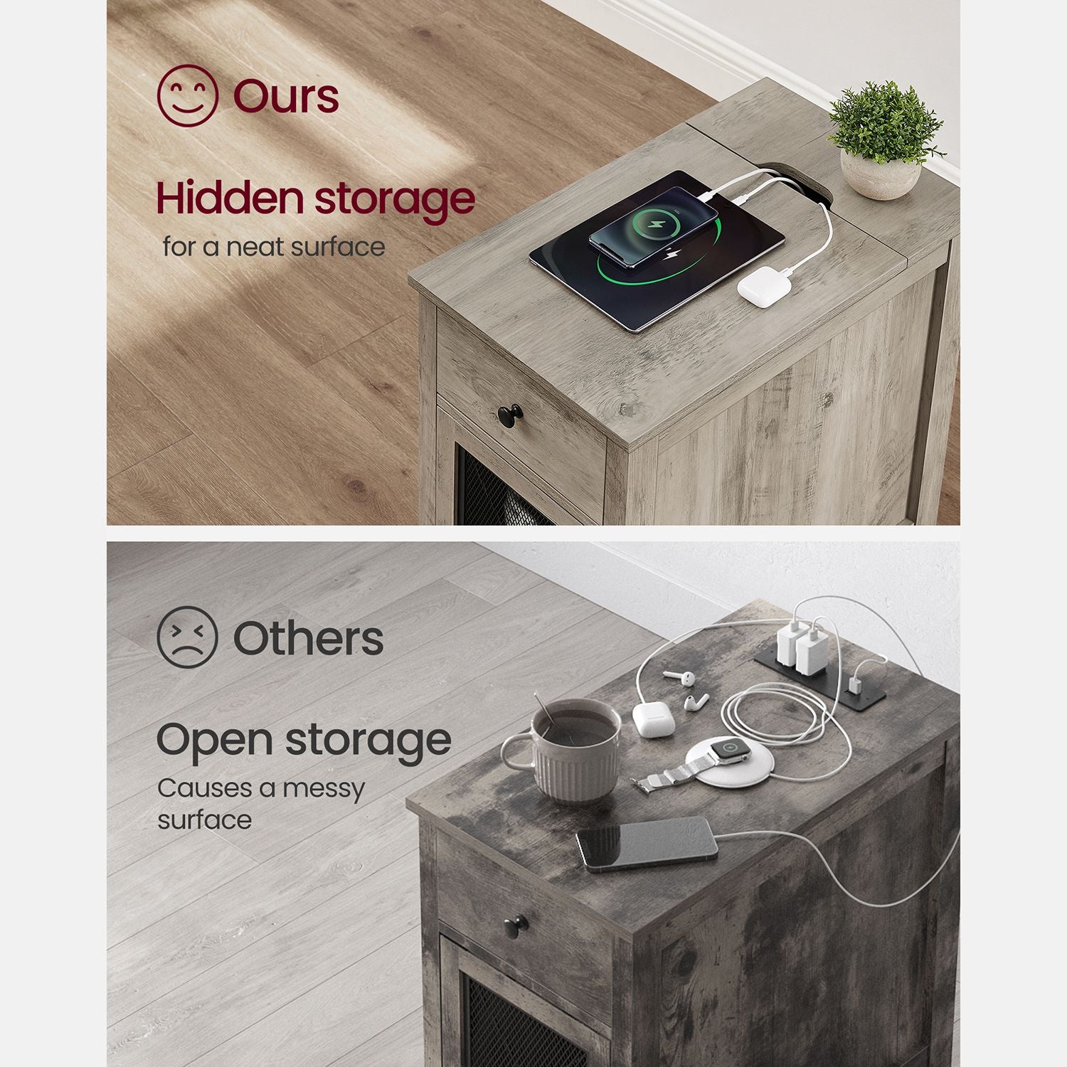 Side table with charging station – usb ports, flip-up cord storage, drawer & cabinet