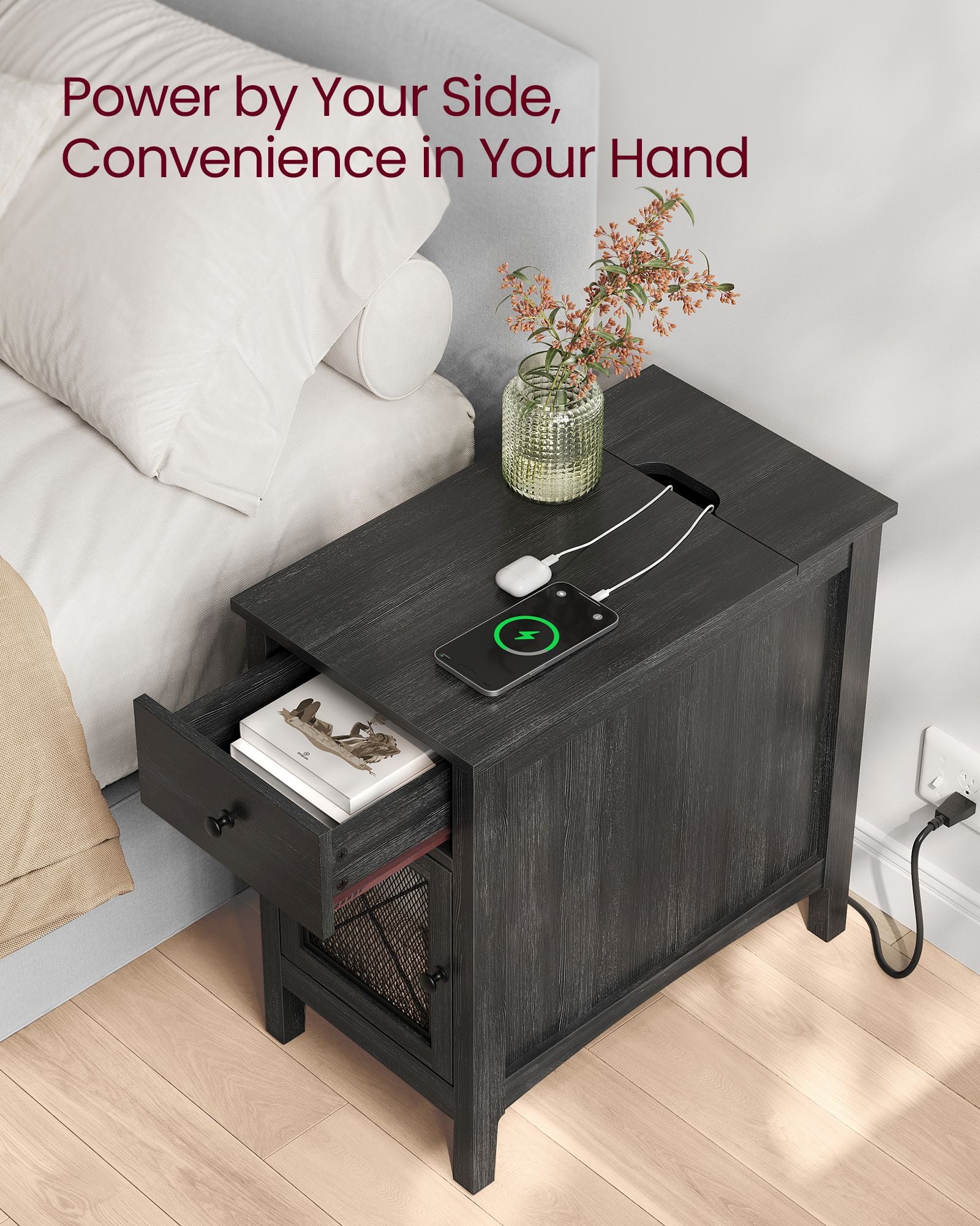 Side table with charging station – usb ports, flip-up cord storage, drawer & cabinet