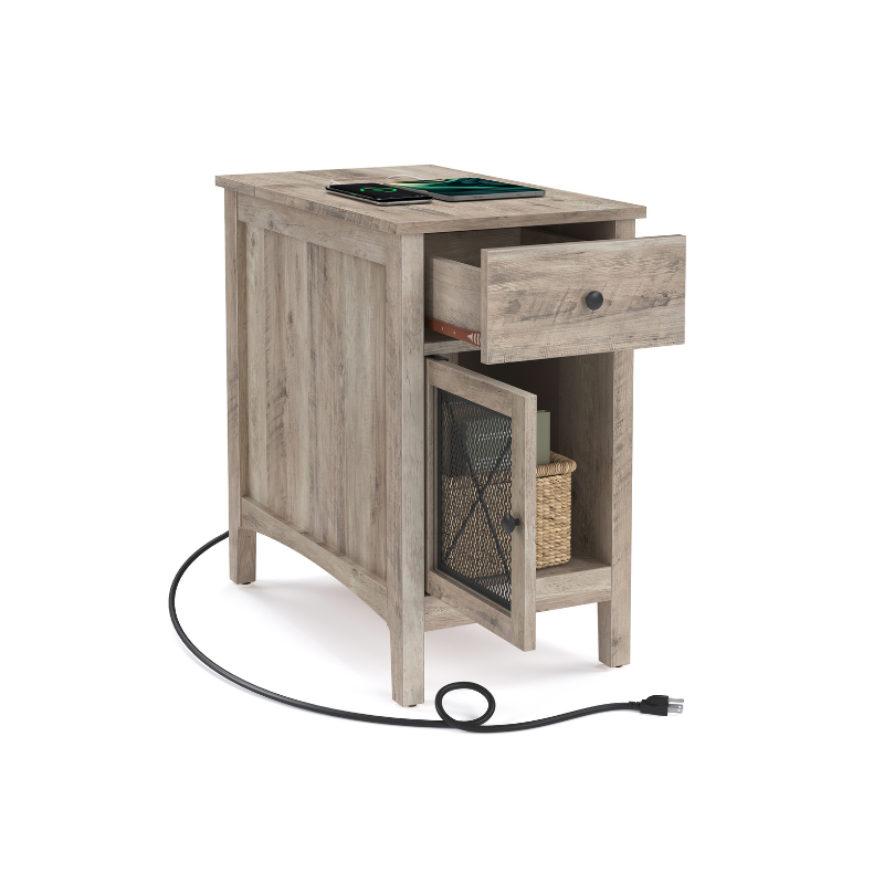 Side table with charging station – usb ports, flip-up cord storage, drawer & cabinet