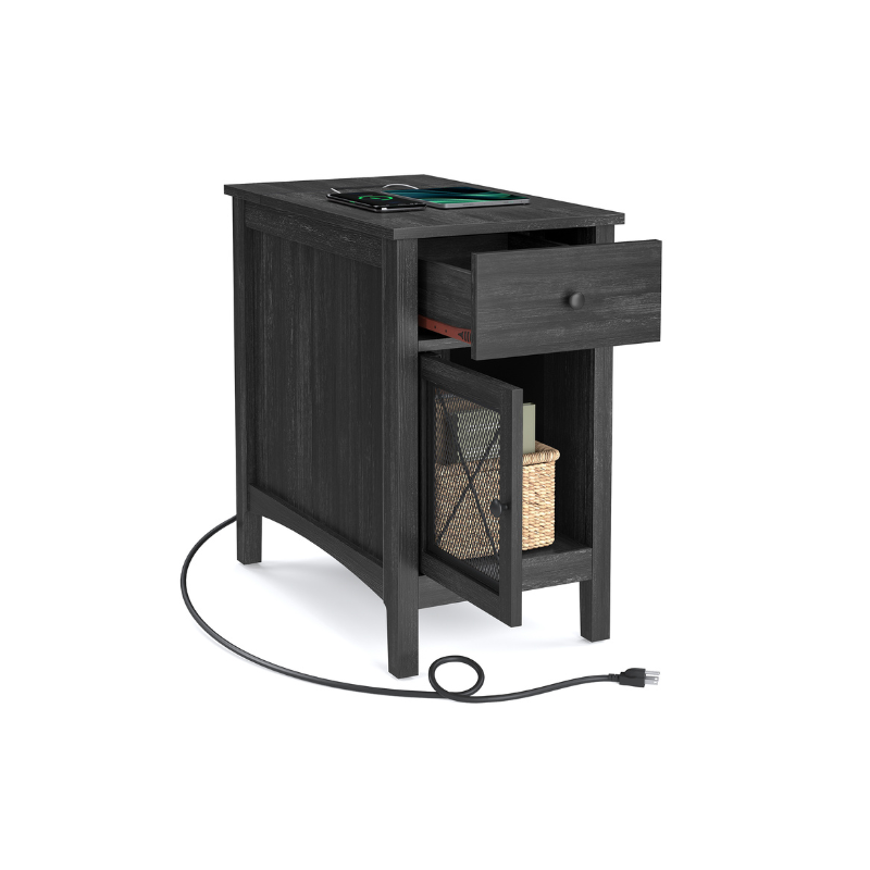 Side table with charging station – usb ports, flip-up cord storage, drawer & cabinet