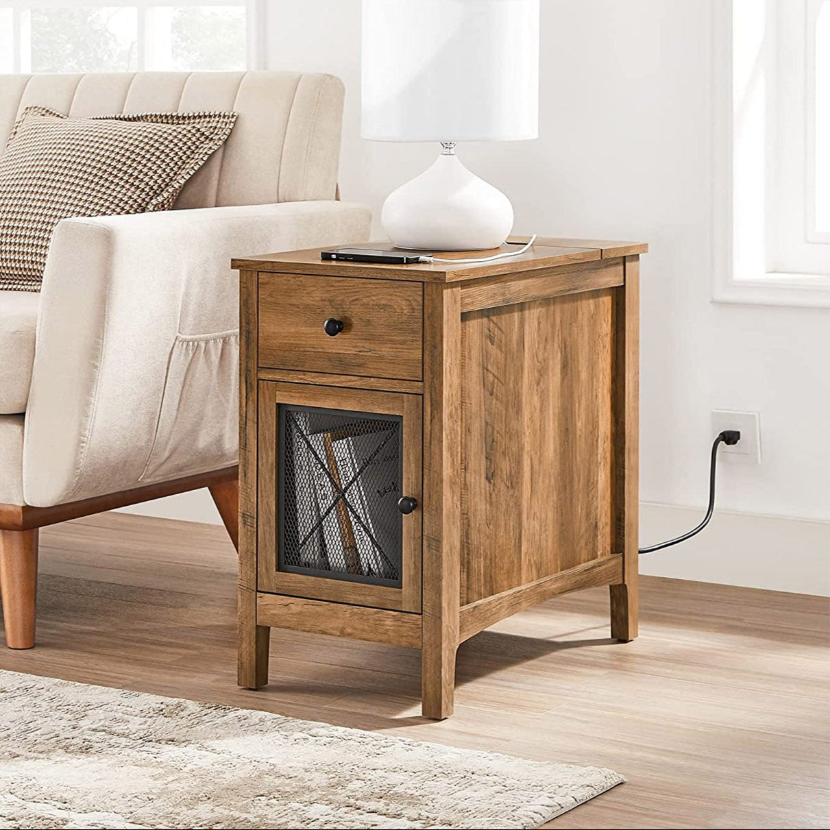 Side table with charging station – usb ports, flip-up cord storage, drawer & cabinet