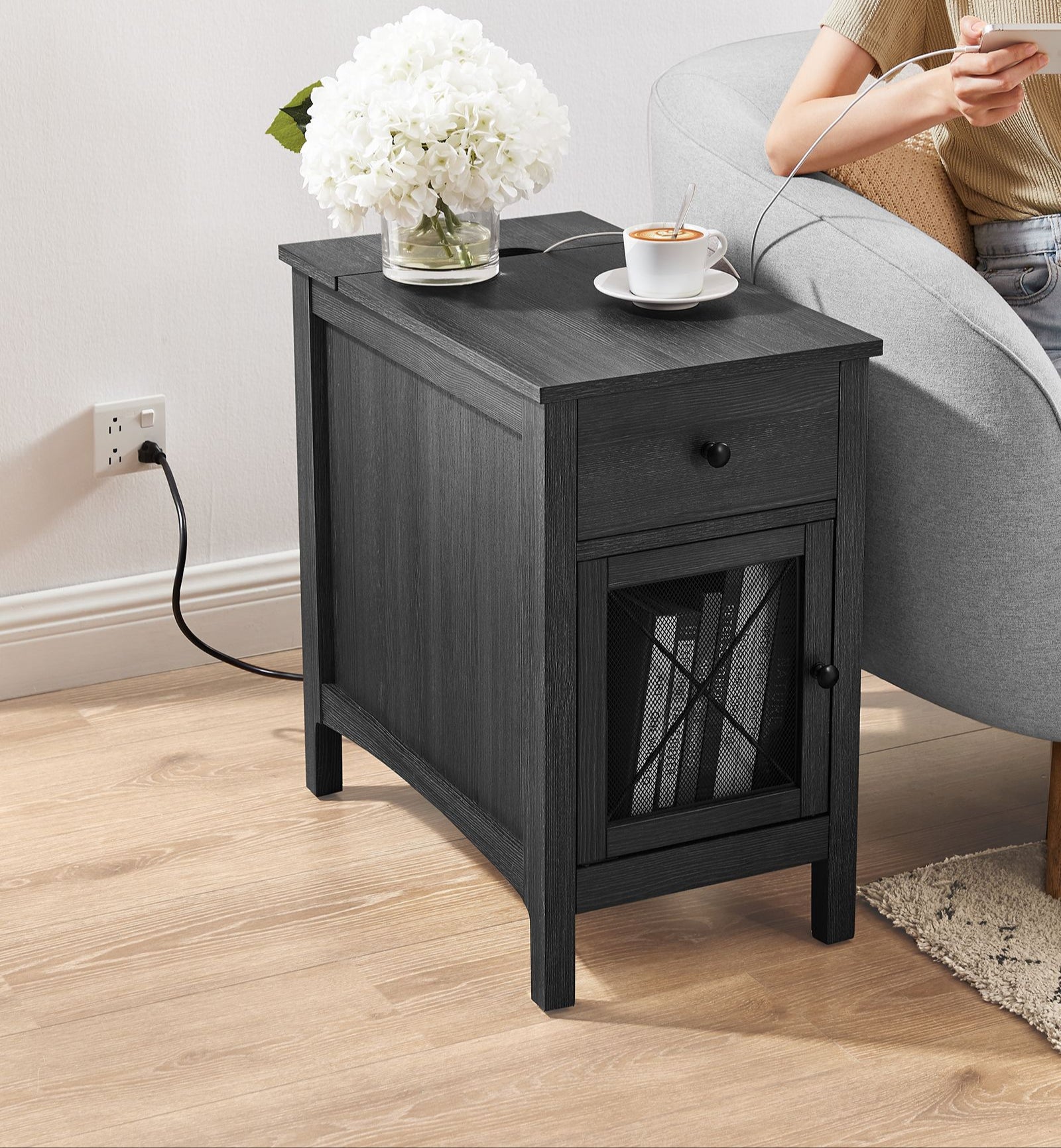 Side table with charging station – usb ports, flip-up cord storage, drawer & cabinet