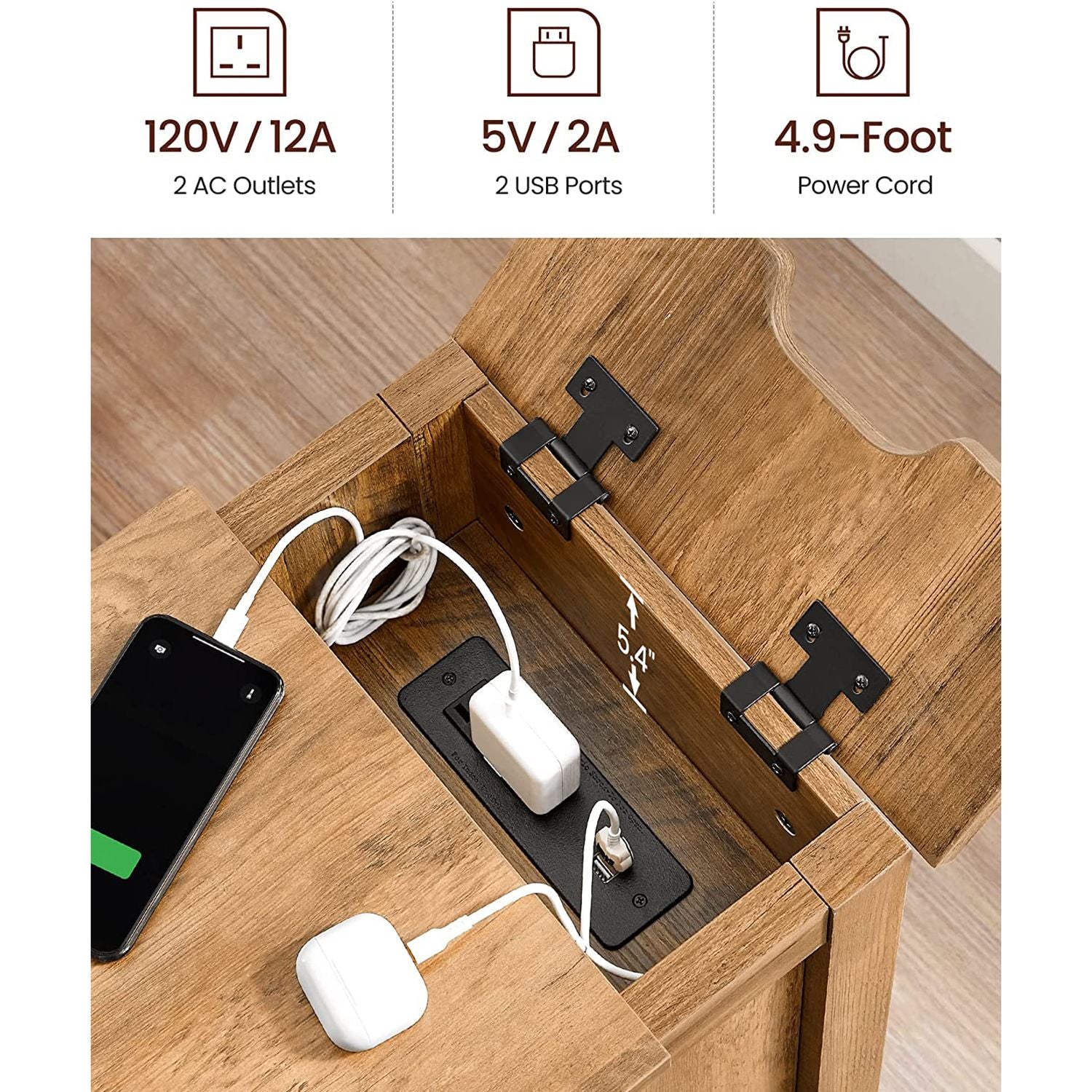 Side table with charging station – usb ports, flip-up cord storage, drawer & cabinet