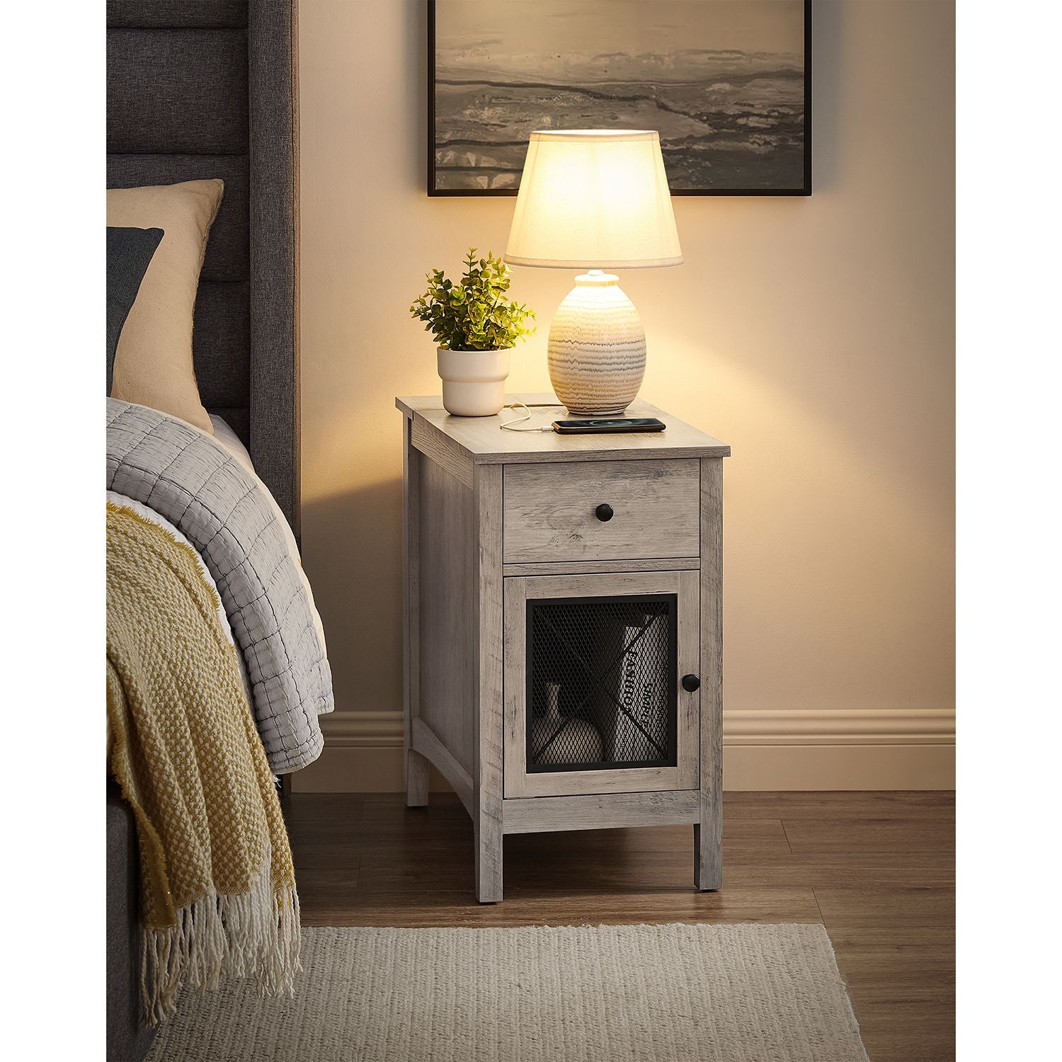 Side table with charging station – usb ports, flip-up cord storage, drawer & cabinet
