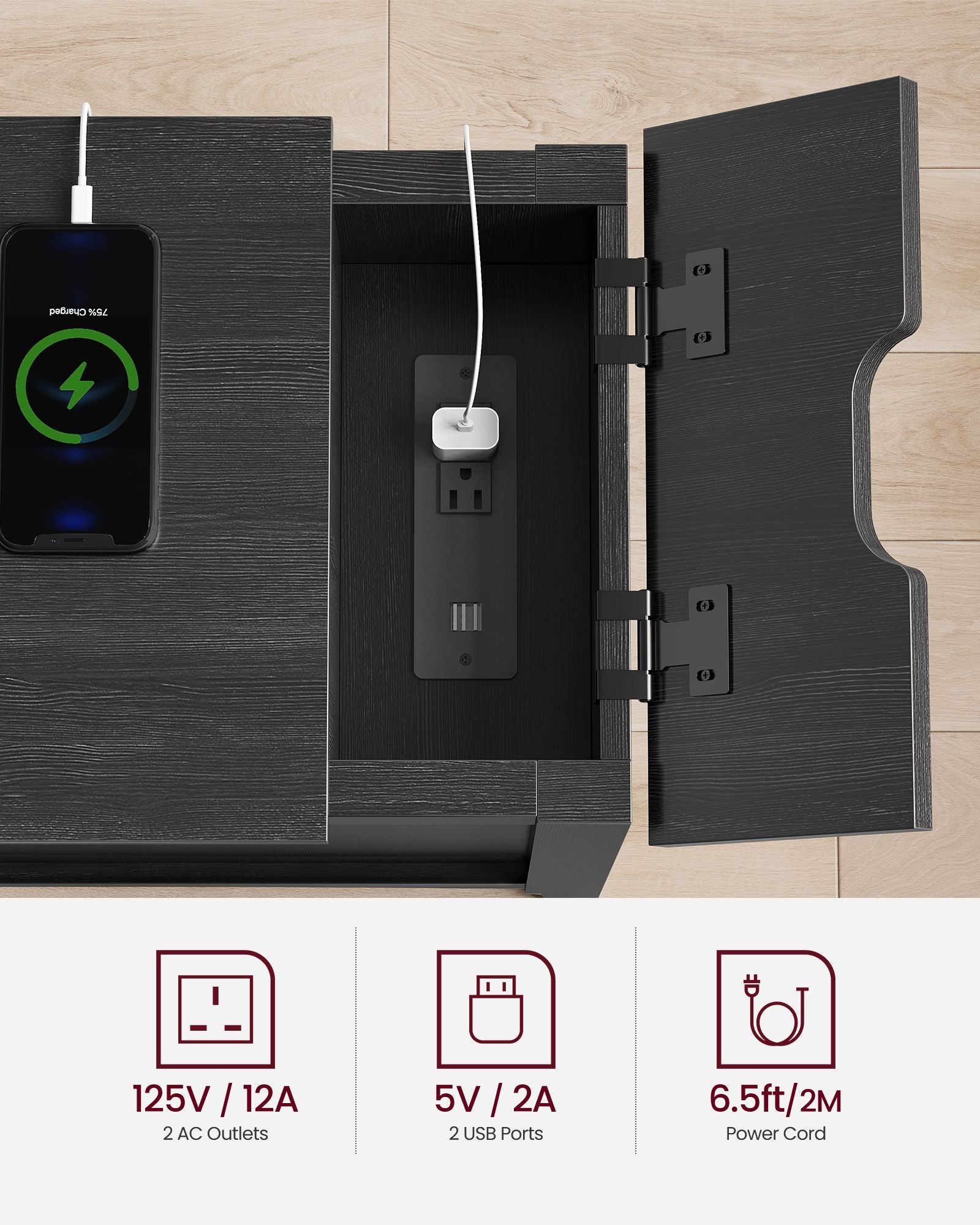 Side table with charging station – usb ports, flip-up cord storage, drawer & cabinet