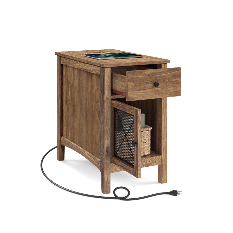 Side table with charging station – usb ports, flip-up cord storage, drawer & cabinet