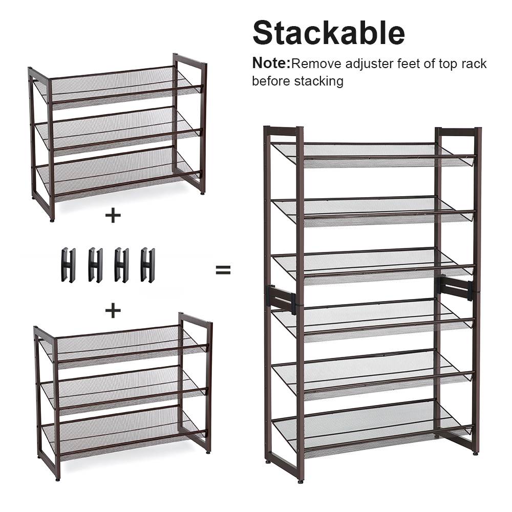 Stackable shoe rack - 6 tier - adjustable shelves - metal frame