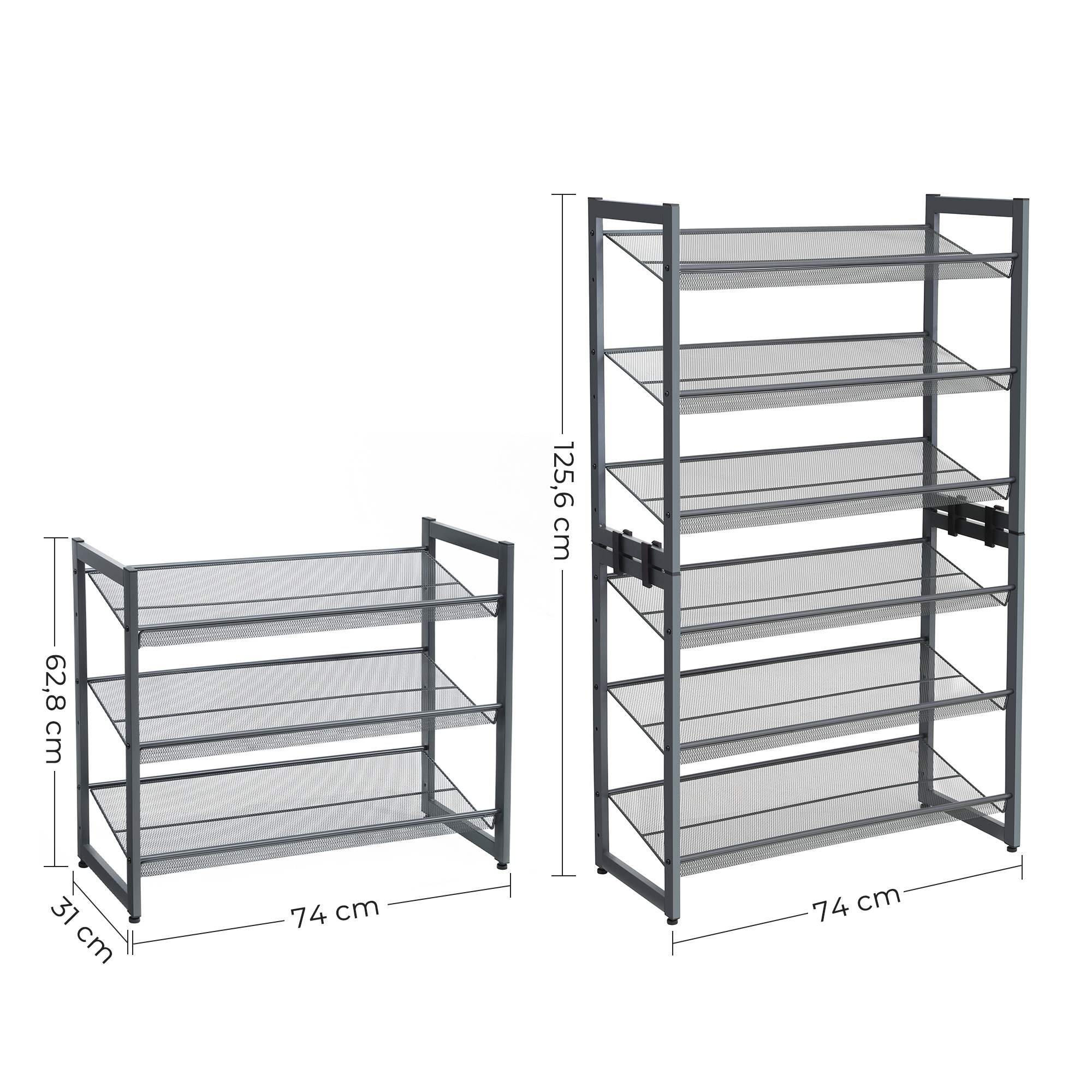 Stackable shoe rack - 6 tier - adjustable shelves - metal frame
