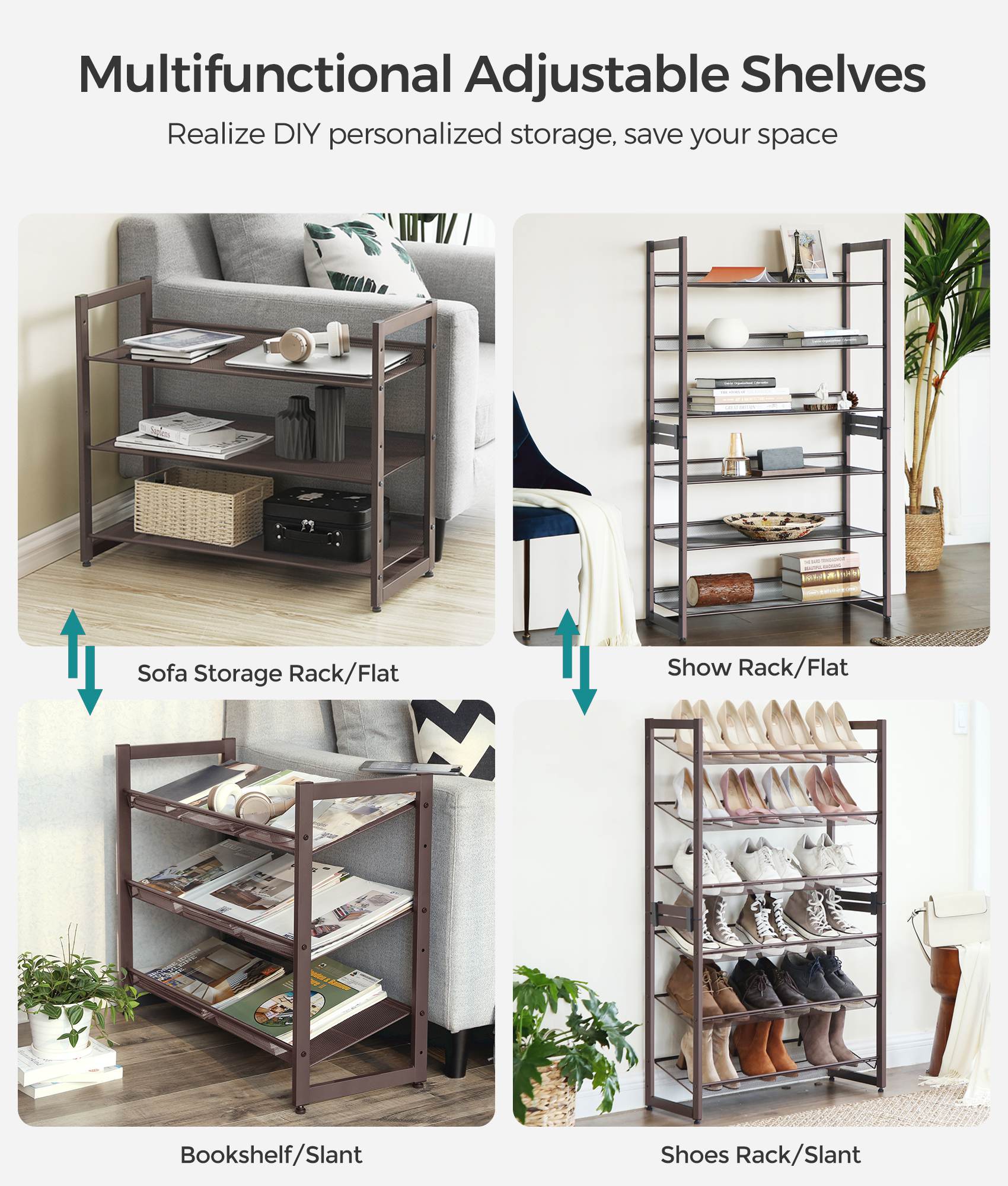 Stackable shoe rack - 6 tier - adjustable shelves - metal frame